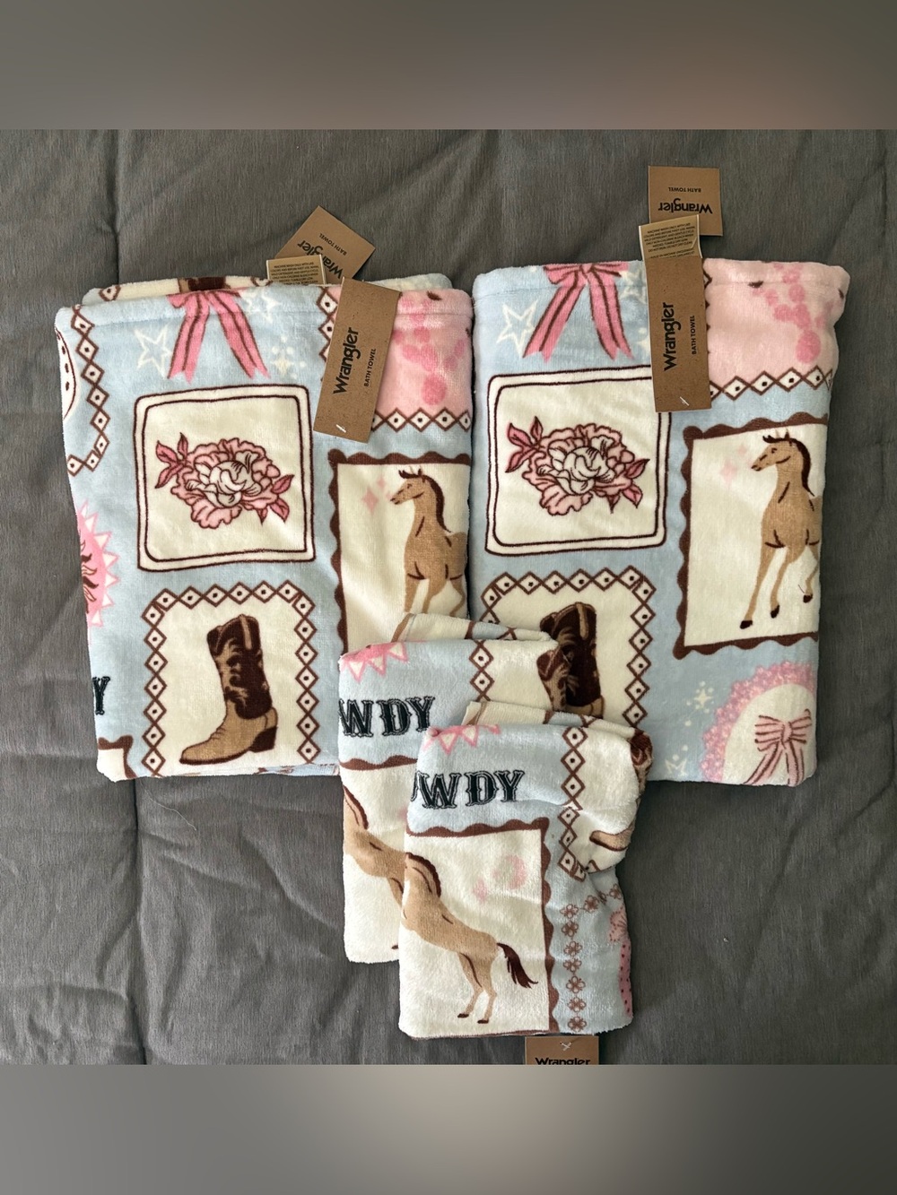 Wrangler Pink Blue Western bath and hand towel with Cowgirl Motifs
